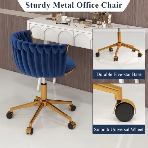 Miniatura 6 de ABET Silla de tocador con ruedas, pequeña silla de escritorio de terciopelo para oficina, taburetes de maquillaje semicirculares tejidos a mano