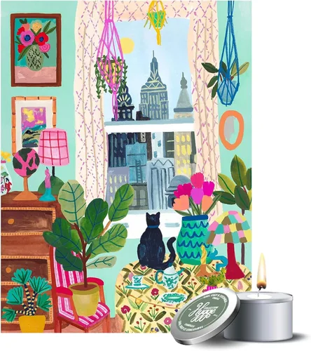 Rompecabezas de 500 piezas para adultos Colección Hygge Gato en la Ventana Rhi James Tablero Azul y Vela de KI Puzzles