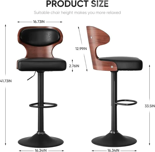 Miniatura 2 de Nalupatio Juego de 1 taburete de bar con altura ajustable de 24.5 a 33.5 pulgadas, taburetes de bar giratorios de madera curvada con respaldo