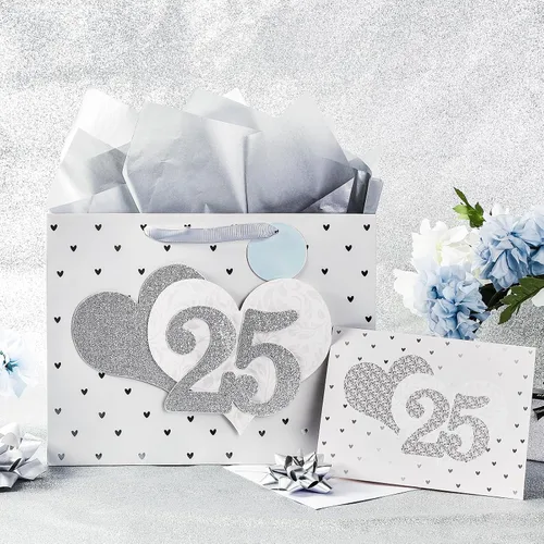 Miniatura 3 de LeZakaa Bolsa de aniversario de boda de 13 pulgadas con papel de seda, etiqueta y tarjeta de felicitación, bolsa de regalo con purpurina dorada