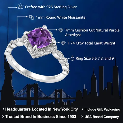 Miniatura 56 de Gem Stone King Anillo de compromiso solitario de moissanita blanca con piedra natal de corte cojín de 0.276 in para mujer, plata de ley 925