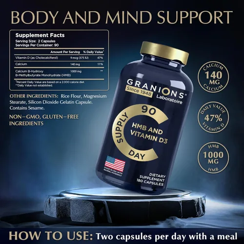 Miniatura 3 de Suplementos de vitamina D3 HMB para hombres y mujeres – 1,000 mg de beta hidroxi de calcio beta-metilbutirato por porción – Apoyo nutricional diario