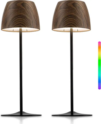 ELYONA Paquete de 2 Lámparas de Mesa Inalámbricas, Lámparas de Escritorio LED de Madera de Nogal RGB y Atenuación Continua de 3 Colores,