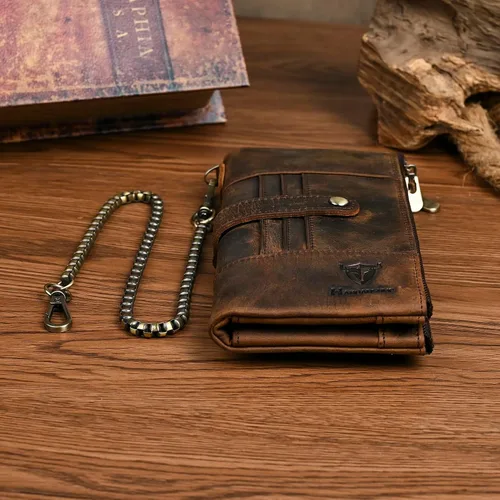 Miniatura 12 de Genuino Caballo Loco Cuero Regalo de Viaje Moneda Bolsillo Tarjetero Organizador Largo Cadena Rfid Cartera Monedero Con Broche Para Hombres Hombres