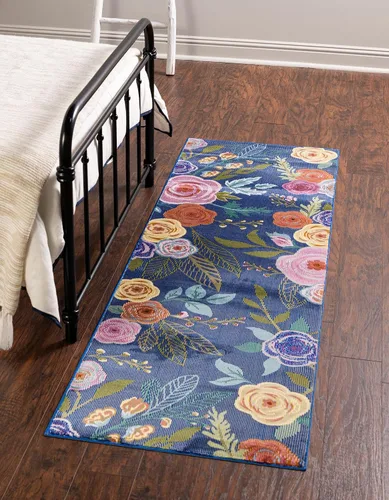 Miniatura 2 de Unique Loom Blossom Collection Ashley - Alfombra de área (2 x 8 pies, color azul/oliva)