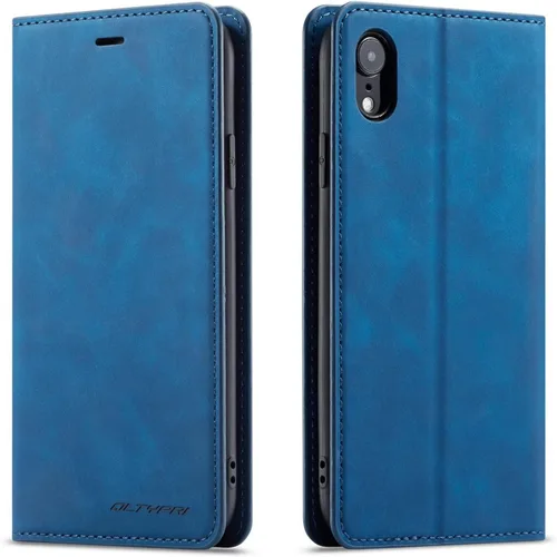 QLTYPRI Funda para iPhone XR, funda de piel sintética de alta calidad, parachoques de TPU con soporte para tarjetas, atril, absorción magnética Azul
