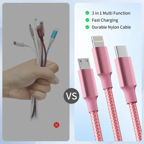 Miniatura 3 de Cable de carga múltiple, (paquete de 2 cables de 4 pies), cable de carga 3 en 1 para múltiples dispositivos, cable de carga universal de nailon Rosa