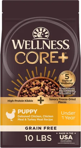 Miniatura 11 de Wellness CORE+ - Alimento seco para cachorros con trozos liofilizados, sin granos, alta proteína, natural, receta de pollo y pavo