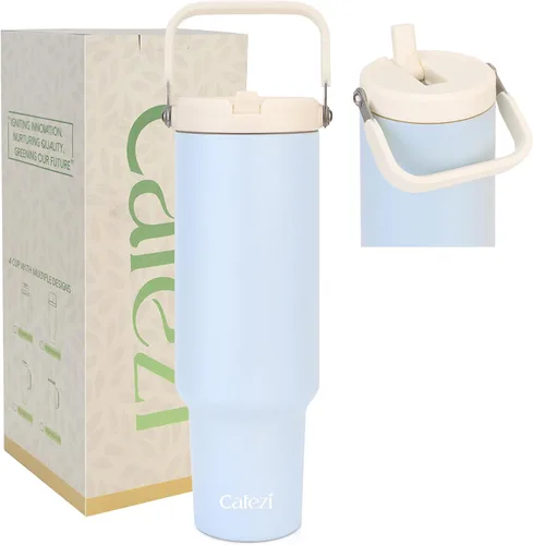 Miniatura 37 de Vaso de 30 onzas con tapa y pajita, vasos de acero inoxidable con aislamiento al vacío con pajita plegable y asa superior, botella de agua aislada