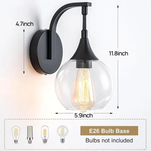 Miniatura 3 de Aplique de Pared Negro, Accesorios de Luz de Tocador Modernos con Pantalla de Vidrio Transparente de 4.9 Pulgadas, Luces de Pared de Estilo Rústico