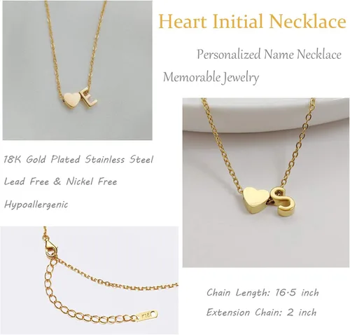 Miniatura 6 de Glimmerst - Collar de corazón con inicial, acero inoxidable chapado en oro de 18 quilates, collar de corazón pequeño con letra inicial