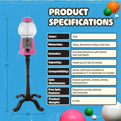 Miniatura 6 de Great Northern Popcorn - Máquina de chicles de 15 pulgadas con soporte y banco de monedas, dispensador de caramelos con globo de vidrio y base
