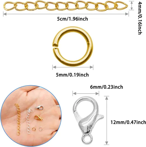 Miniatura 3 de 100 cierres de pinza de langosta y 100 cadenas extensoras con 100 anillos de salto abiertos, anillos de extensión extraíbles para collares