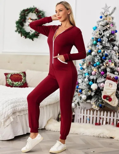 Miniatura 6 de Ekouaer Pijama de Navidad con capucha para mujer, manga larga, con cremallera, ropa de dormir novedosa