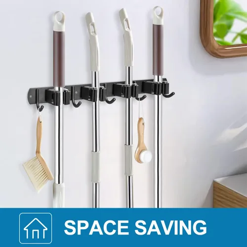 Miniatura 7 de IMILLET Soporte para escoba y trapeador montado en la pared, organizador de escobas de acero inoxidable para trabajo pesado, organizador de 4