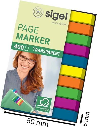 Sigel HN617 Marcadores de página, banderas adhesivas, banderas con pestaña de índice, película, extraíble, transparente (verde, azul, rosa,