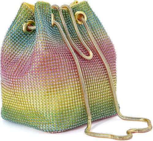 Miniatura 4 de Ayliss Bolso de cubo completo con diamantes de imitación para mujer, minihombro cruzado pequeño, bolso de mano brillante de noche