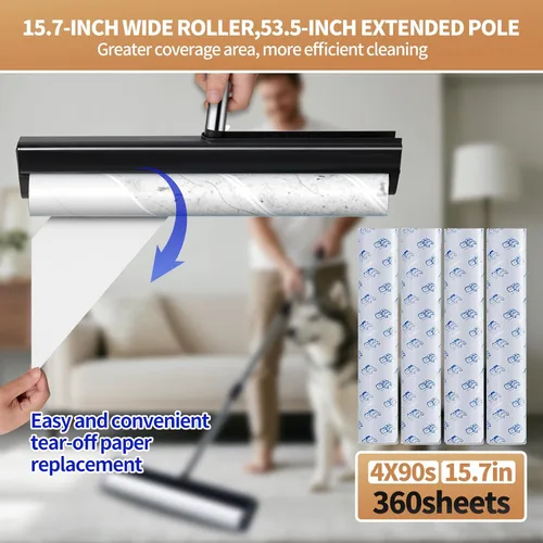 Miniatura 7 de Rodillos grandes de pelusa para alfombras, rodillos extra adhesivos de 15.74 pulgadas para suelo con 4 asas extensibles, trapeador adhesivo de mango