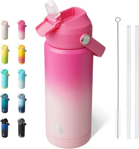 Miniatura 42 de BJPKPK - Botella de agua aislada con tapa de popote, 532 ml Botellas termo con boquilla suave, asa flexible y base antideslizante, libre de BPA, a