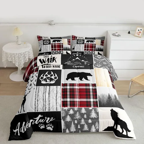 Miniatura 7 de Juego de edredón tamaño Queen con diseño de astas de ciervo, juego de ropa de cama con motivos de patas de oso, árboles de pino y Navidad
