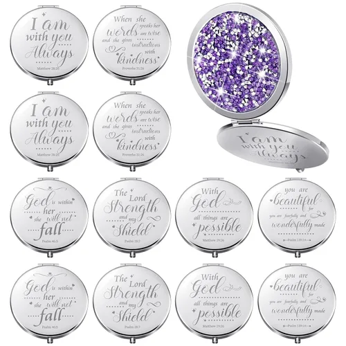 Miniatura 9 de Thyle 12 piezas de espejo compacto a granel, espejo de bolsillo cristiano para confirmación católica VBS para mujeres, versículo bíblico, cartera