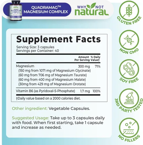 Miniatura 4 de Suplemento Complejo de Magnesio 4 en 1 - Mezcla de glicinato, taurato, malato y orotato - 300 mg por porción, 120 cápsulas