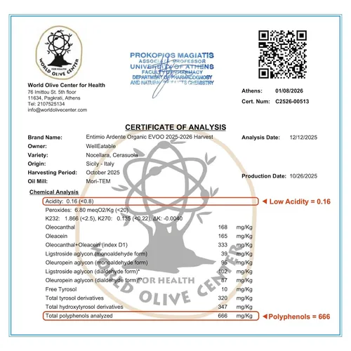 Miniatura 4 de Entimio Ardente Aceite de oliva virgen extra italiano orgánico de Italia, más de 600 mg/kg alto en polifenoles, ganador del oro 2025, evoo