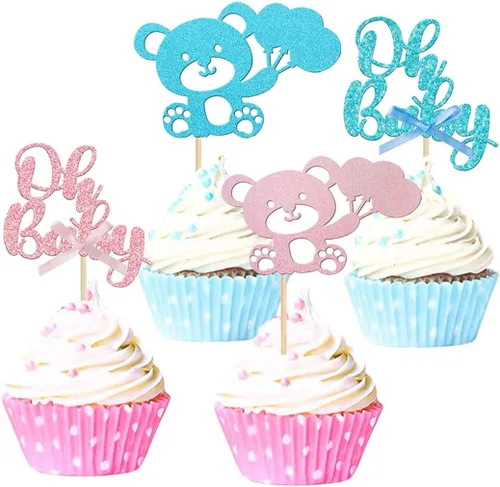 36 piezas de decoración de cupcakes con lazo rosa y azul para revelación de género, temática de niño o niña, decoración de cupcakes de papel para