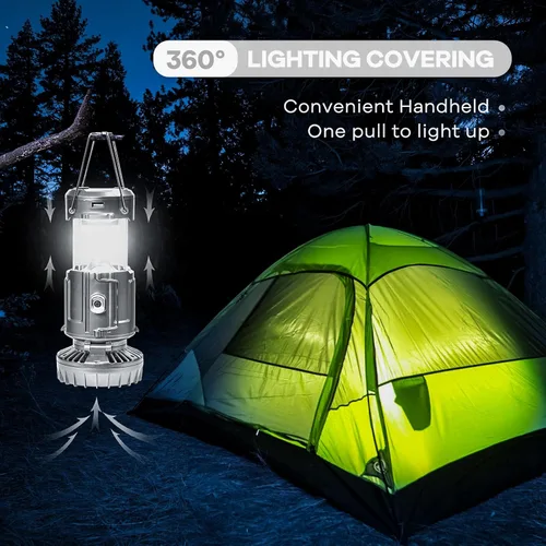 Miniatura 2 de Linterna solar para campamento con ventilador y cargador de teléfono, energía recargable portátil para huracanes, emergencias, cortes de energía