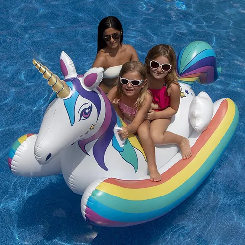 Miniatura 2 de SWIMLINE Juguete flotante original de unicornio arcoíris mecedora para piscina, con asas fáciles de agarrar y refuerzos laterales estabilizadores