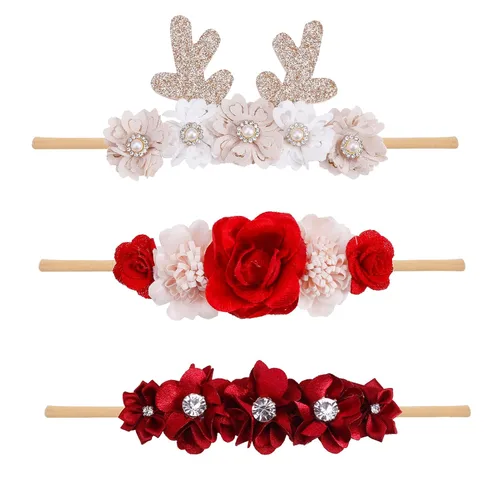 Miniatura 13 de cherrboll 3 diademas de flores para bebé, súper suaves y elásticas, de nailon, para recién nacidas Rosa (Rose Bloom)