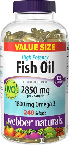 Miniatura 10 de Webber Naturals Aceite de pescado de 2850 mg, alta potencia, 1,800 mg de omega-3 por porción, 120 cápsulas blandas entéricas transparentes, sin