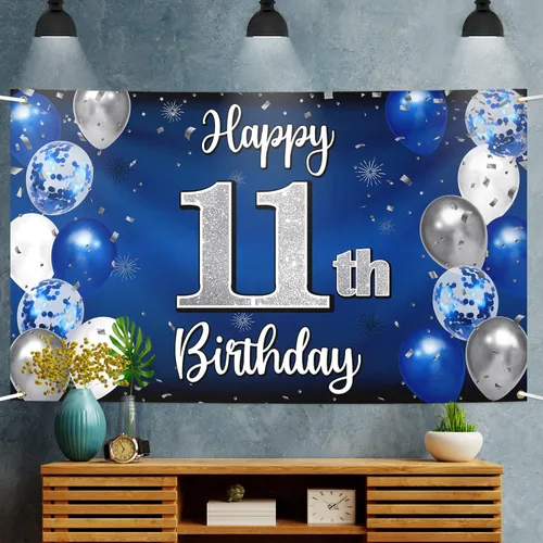 Miniatura 5 de Decoraciones de Feliz 11º Cumpleaños, Globo Azul y Plateado Grande Pancarta de Fondo de Cumpleaños, Brindemos por Once Años Suministros de Fiesta