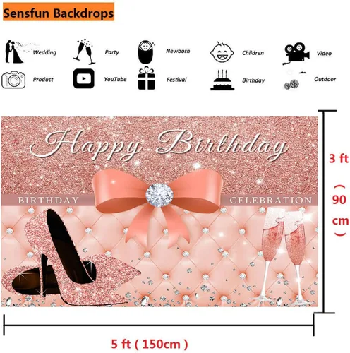 Miniatura 5 de Sensfun Cartel de fondo de feliz cumpleaños de oro rosa para mujer, decoraciones de fiesta de cumpleaños con purpurina, tacones rosados con lazo