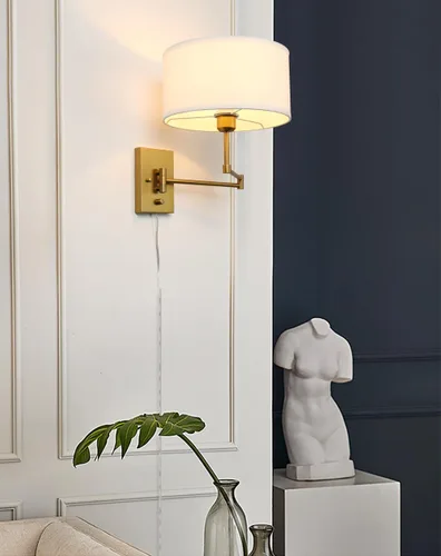 Miniatura 4 de Aplique de pared con cable enchufable de tela vintage, lámpara de pared con brazo oscilante para interiores con interruptor de encendido/apagado