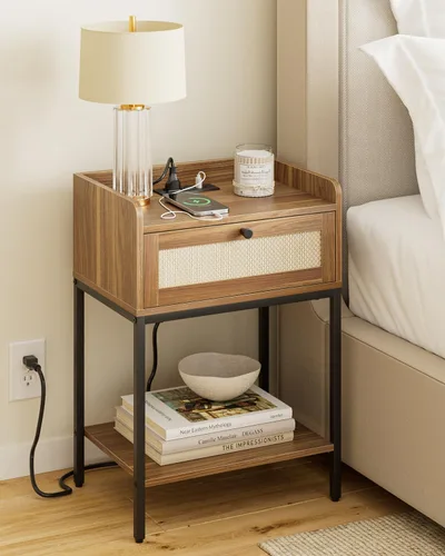 Miniatura 17 de Mesita de noche, mesita de noche moderna de 3 niveles, mesita de noche con cajón de almacenamiento y estante, mesa auxiliar pequeña para dormitorio