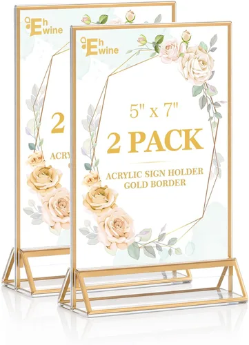Miniatura 22 de EHWINE Paquete de 12 soportes acrílicos para letreros de 5 x 7 pulgadas, soporte de marco de oro de doble cara, soportes de letreros de mesa