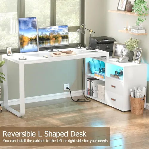 Miniatura 4 de Homieasy Escritorio en forma de L con archivador y toma de corriente, escritorios reversibles de esquina grandes de 55 pulgadas con tira LED