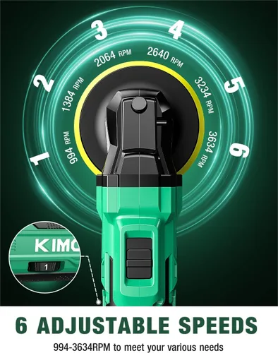 Miniatura 5 de KIMO Kit de Pulidora Inalámbrica para Coche 20V, Kit de Pulido de 25 Piezas, 6 Velocidades hasta 6000RPM / 2*Baterías de 2000mAh Pulidoras