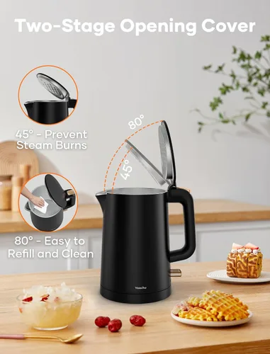 Miniatura 7 de Hervidor eléctrico pequeño, caldera de agua y calentador de 0.8 L, olla de té caliente de 1000 W, acero inoxidable de doble pared al tacto frío