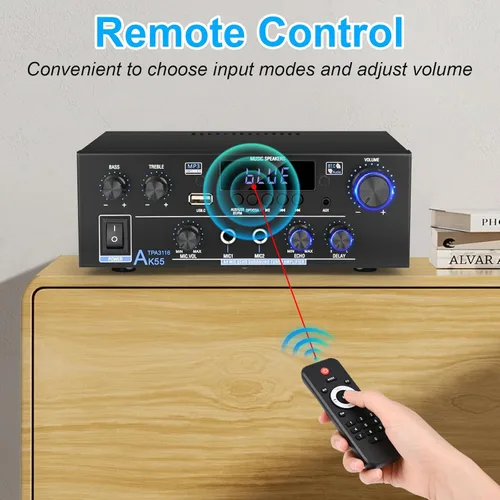 Miniatura 8 de Romica AK55 Amplificador de audio estéreo, 2 canales 500 W Bluetooth 5.0 Receptores estéreo de audio doméstico con FM, Echo, AUX, USB, SD, MIC