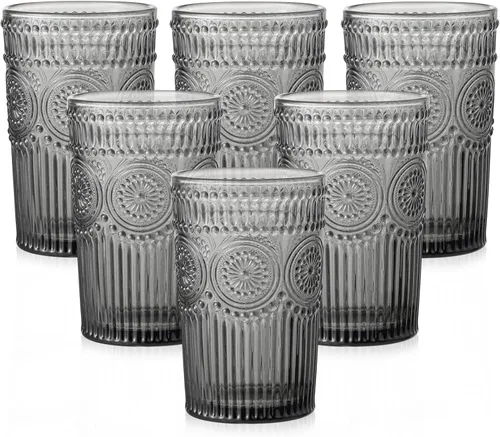 Miniatura 8 de ZMOWIPDL Juego de 6 vasos de vidrio vintage para beber, vasos de agua de vidrio con textura transparente con diseño de flores, vasos de agua a rayas