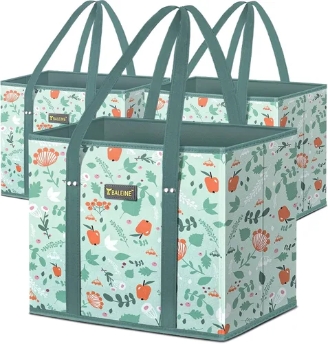 Miniatura 21 de BALEINE Paquete de 3 bolsas de comestibles reutilizables, bolsas de compras plegables para comestibles con parte inferior reforzada y asas
