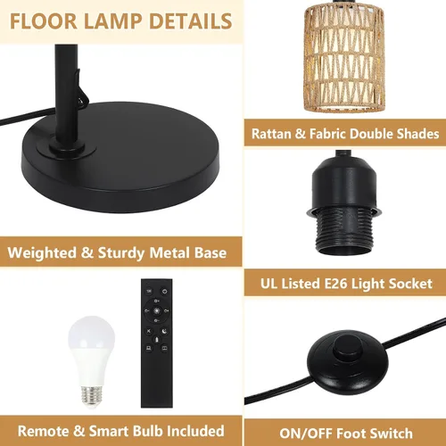 Miniatura 8 de LAMSU Lámpara de pie con control remoto, lámpara de pie de ratán regulable con bombilla LED, lámpara de poste alto industrial negra con pantallas