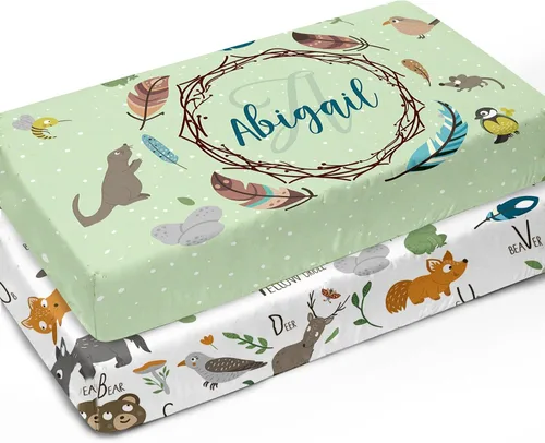 Miniatura 12 de Sábanas verdes personalizadas para cuna, sábana bajera ajustable de bebé con nombre personalizado para funda de colchón de cuna estándar, paquete
