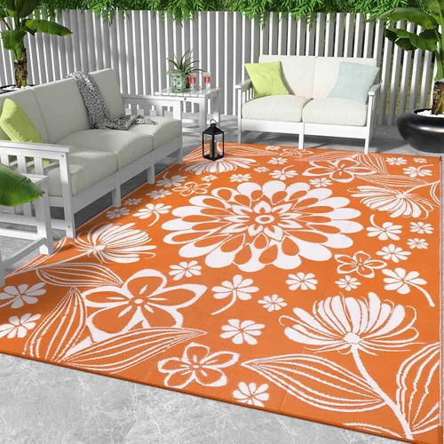 Miniatura 10 de Ileading Alfombra de Paja de Plástico para Exteriores 5x8 pies Estilo Floral Divertido Alfombras de Área Reversibles para Patio Impermeables