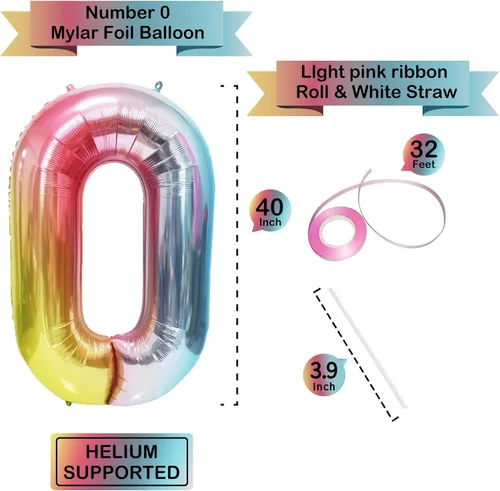 Miniatura 2 de Globos gigantes de 40 pulgadas arcoíris con número 0, globos de cumpleaños, globos de helio de mylar de lámina para decoraciones de fiesta