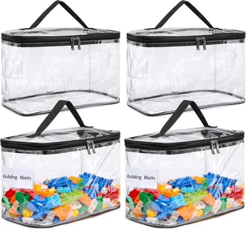 Paquete de 4 bolsas de almacenamiento grandes transparentes para juguetes con etiqueta de nombre, funda organizadora de juguetes de PVC impermeable
