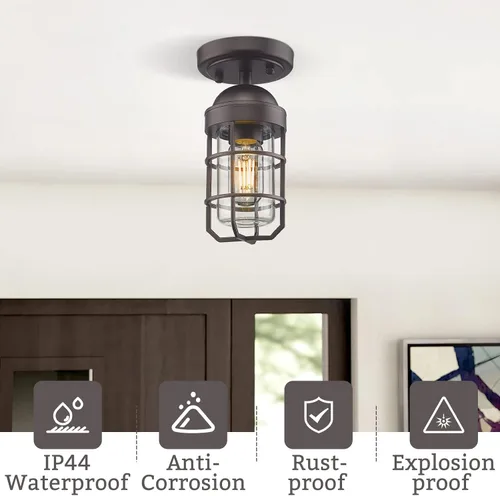 Miniatura 4 de Emliviar Lámpara de techo estilo granja, luz semiempotrada vintage para interior, luz de seguridad con vidrio templado transparente, acabado