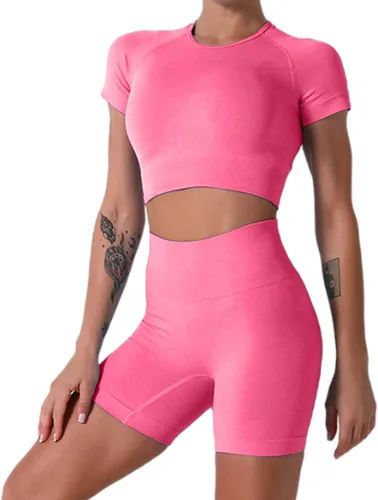Nicytore Conjuntos de yoga para mujer, conjunto de 2 piezas, sin costuras, manga corta, pantalones cortos, leggings de entrenamiento, ropa deportiva